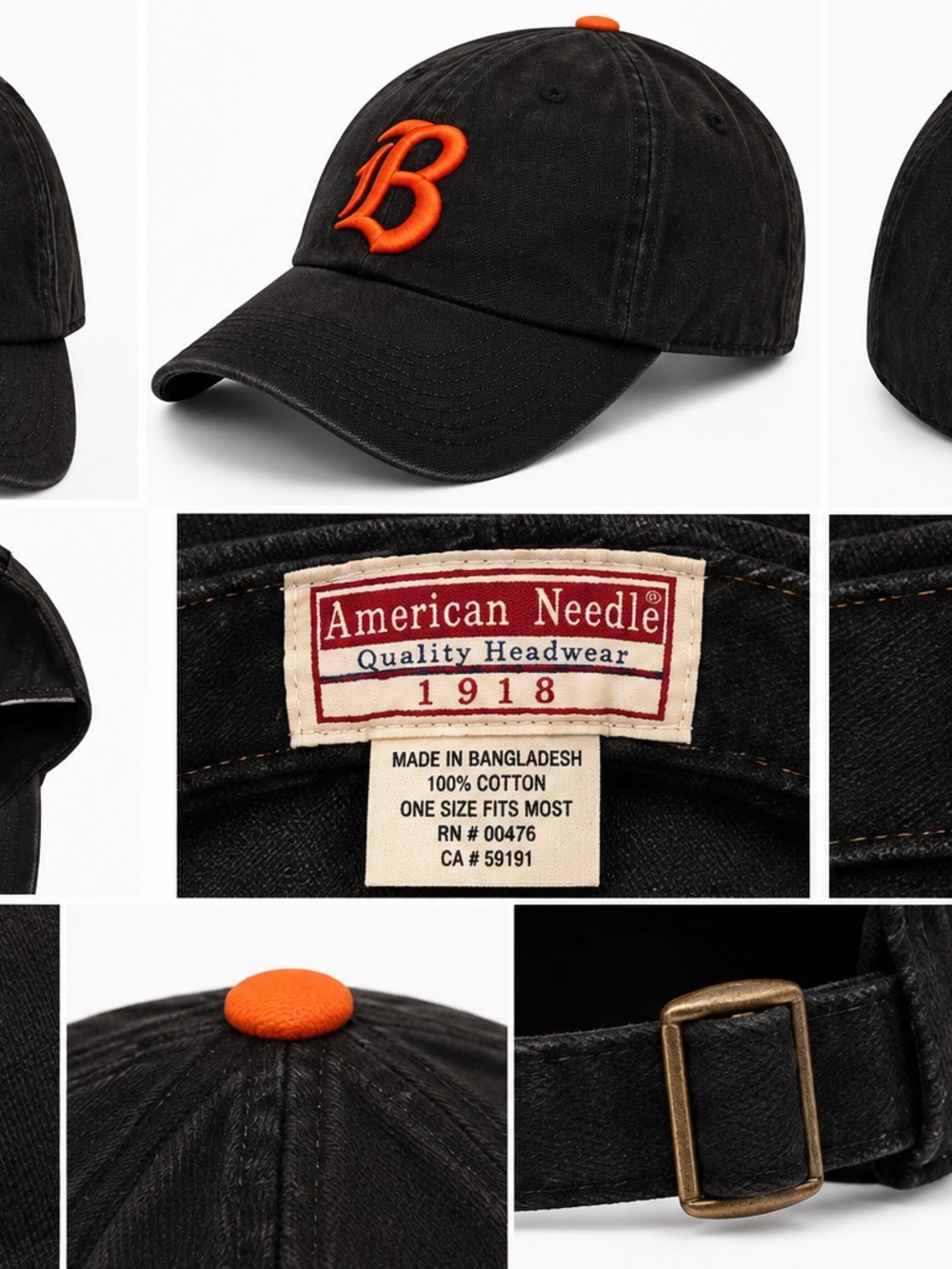 American Needle Black Cotton Baseball Cap with Orange 'B' Accent